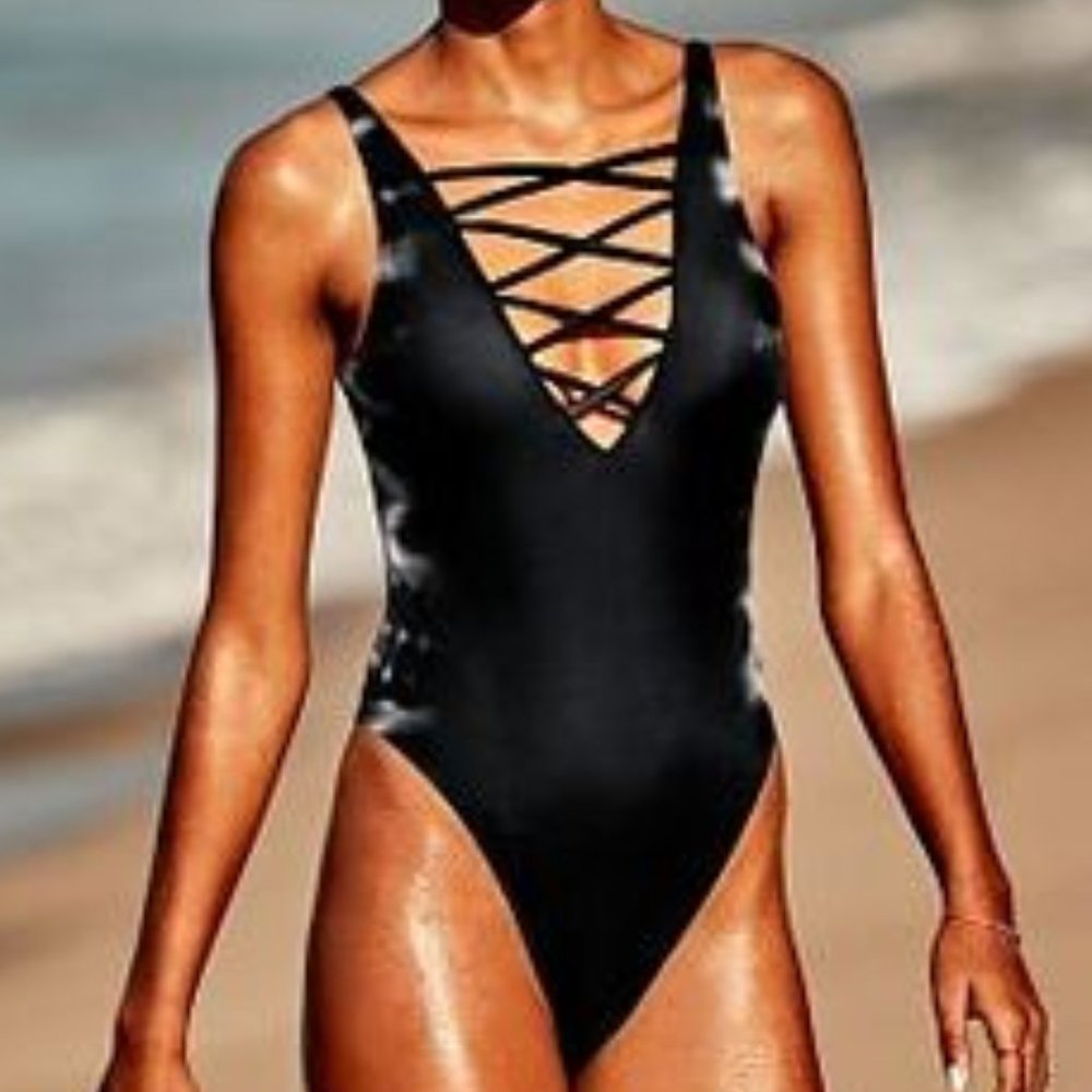 🧡 Victoria’s Secret PINK Strappy Front High Leg One-Piece Swimsuit Black Tie Dye